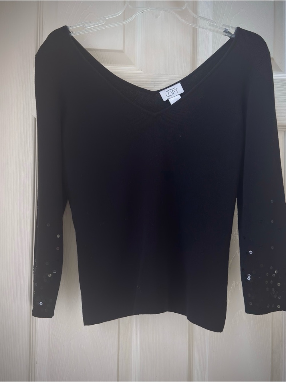 LOFT Black V-Neck Knit Top with Sequin Cuff Detail